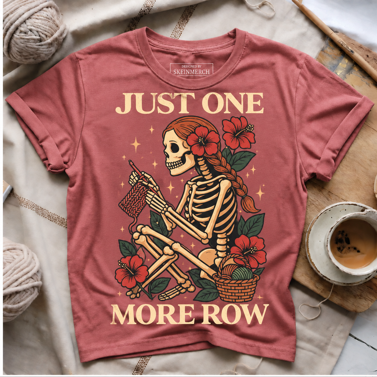 Just One More Row skeleton knitting T-shirt - Rose gold