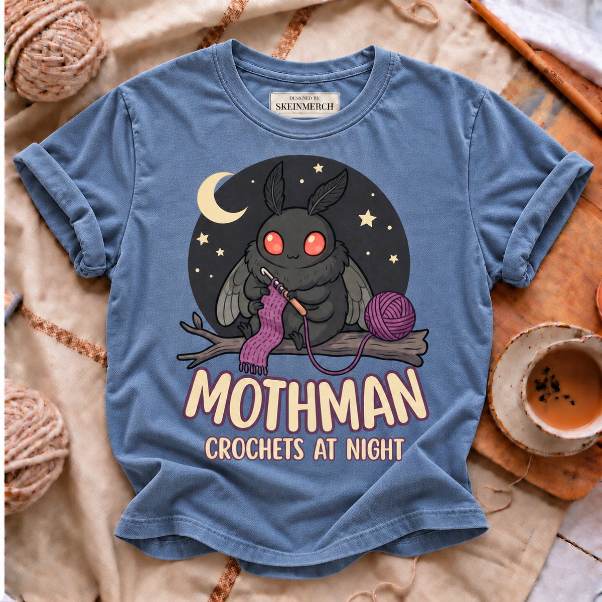 Mothman Crochets At Night Comfort Colors T-shirt in Blue Jean