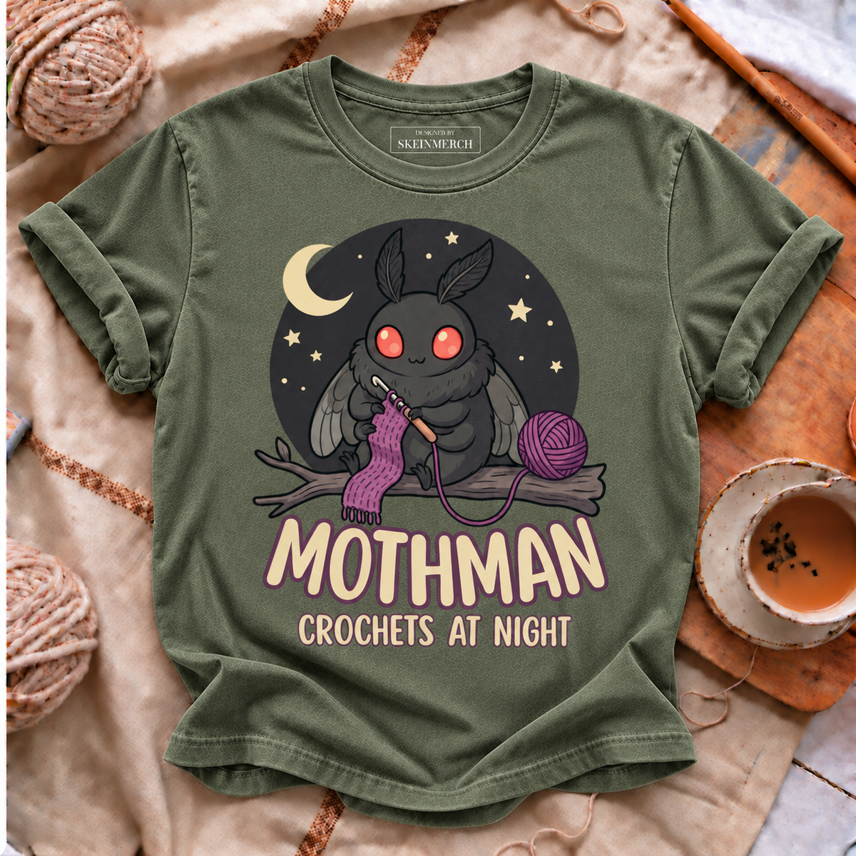Mothman Crochets At Night Comfort Colors T-shirt in Moss