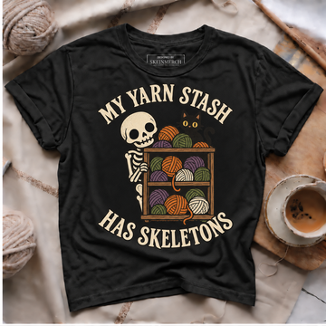 my yarn stash has skeletons black T-shirt mockup
