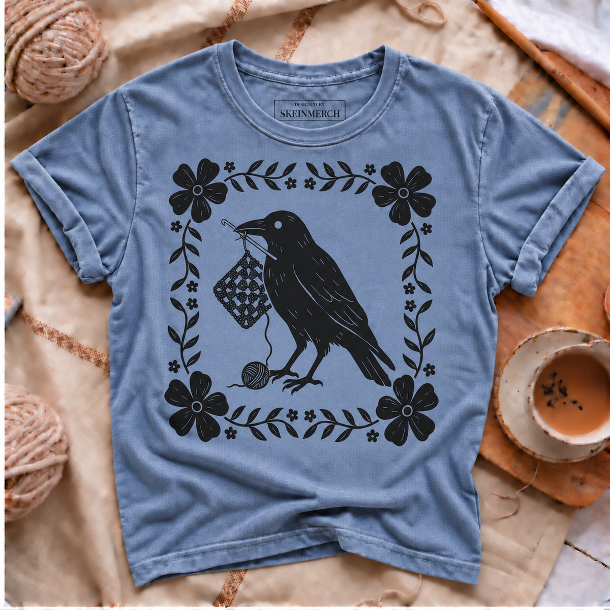Raven crochet floral Comfort Colors T-shirt in Blue Jean