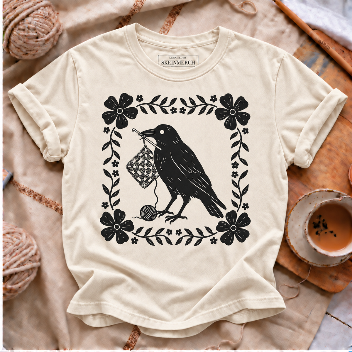 Raven crochet floral Comfort Colors T-shirt in Ivory