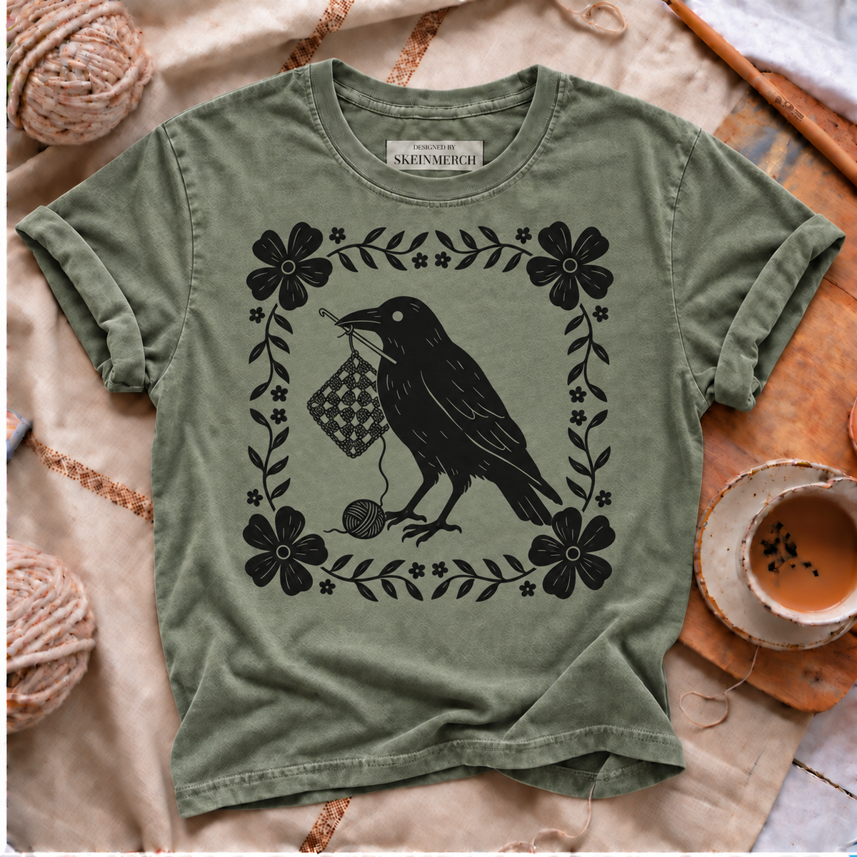 Raven crochet floral Comfort Colors T-shirt in Moss
