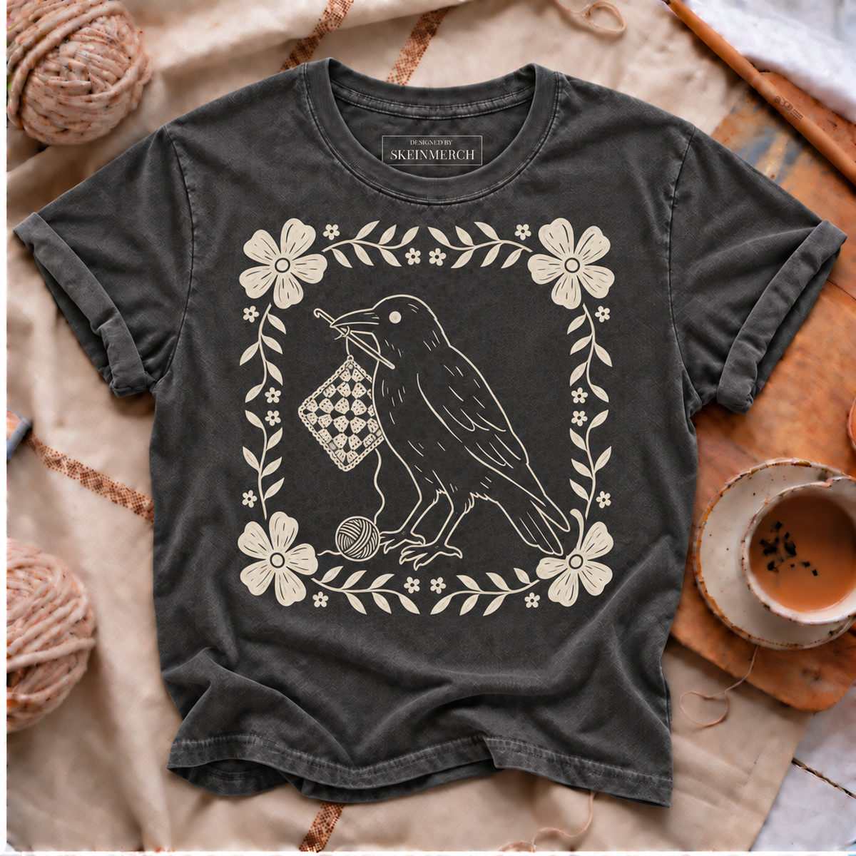 Raven crochet floral Comfort Colors T-shirt in Pepper