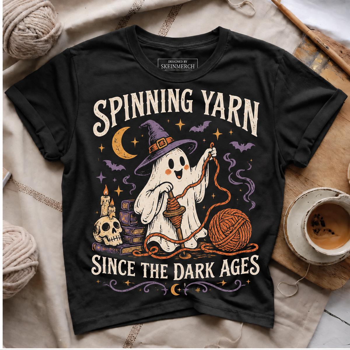 Spinning Yarn Since The Dark Ages Black flat lay T-Shirt mockup