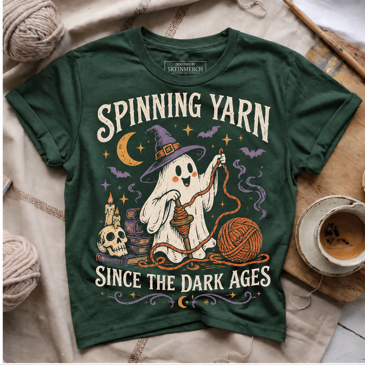 Spinning Yarn Since The Dark Ages Forest Green flat lay T-Shirt mockup