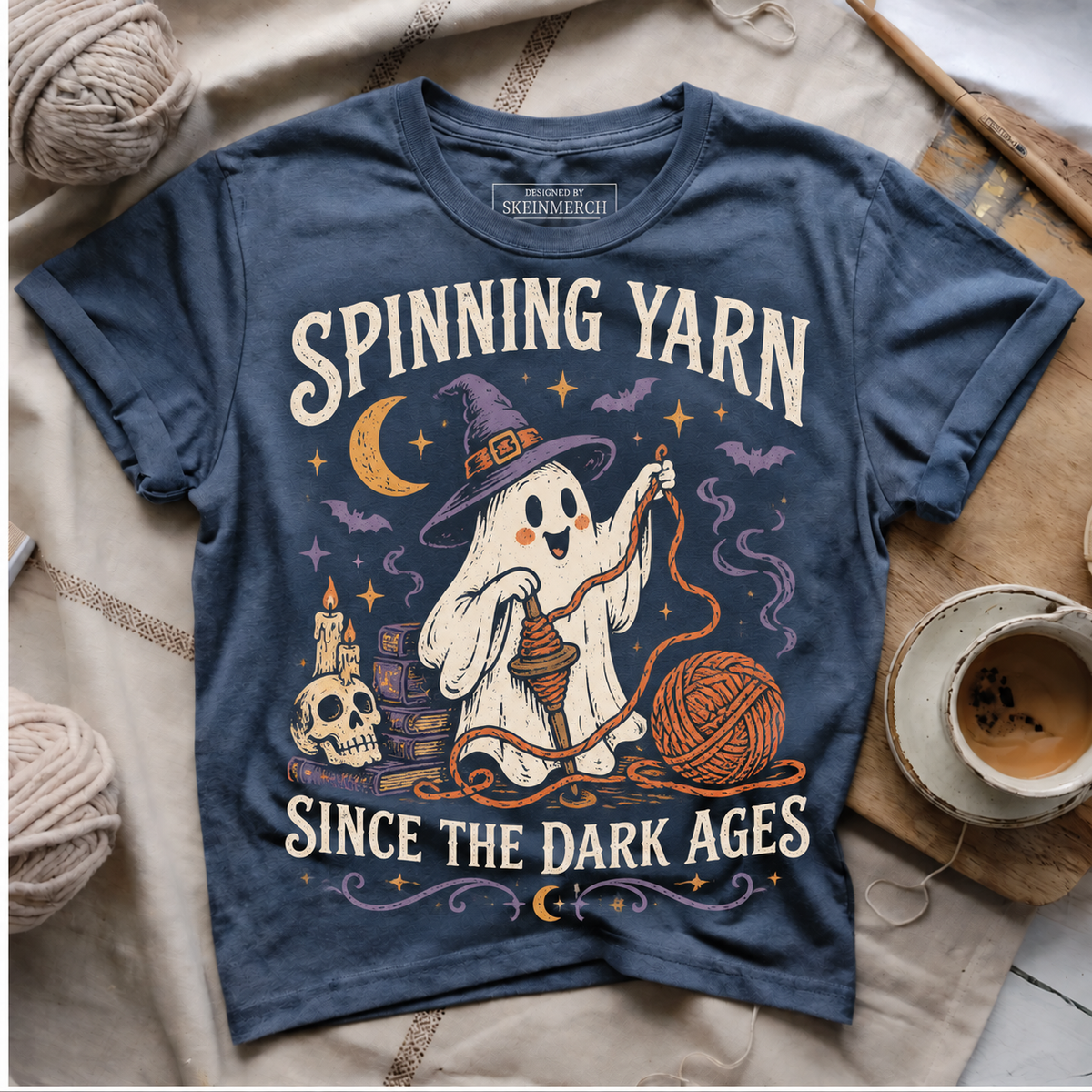 Spinning Yarn Since The Dark Ages Navy flat lay T-Shirt mockup