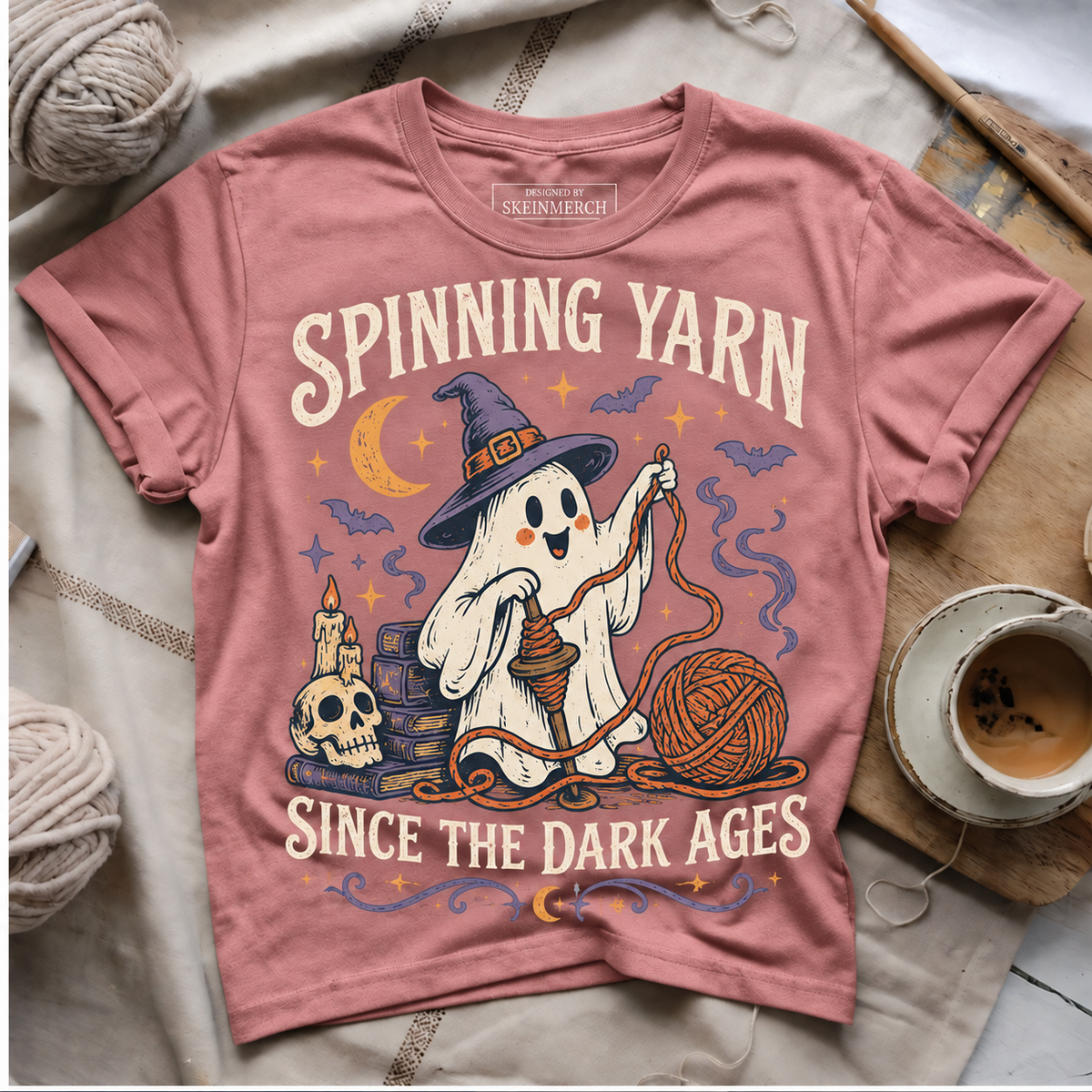 Spinning Yarn Since The Dark Ages Rose Gold flat lay T-Shirt mockup