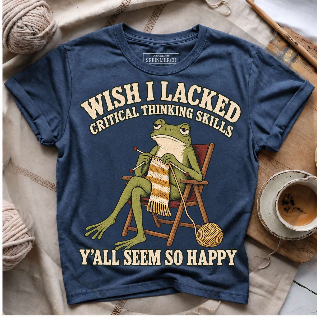 Wish I Lacked Critical Thinking Skills frog knitting T-shirt - Navy
