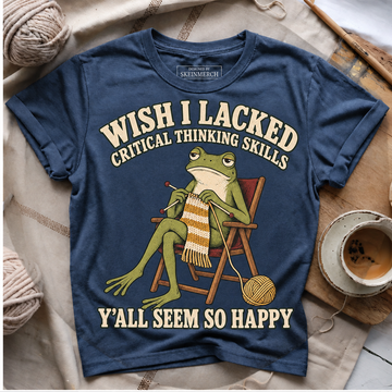 Wish I Lacked Critical Thinking Skills frog knitting T-shirt - Navy